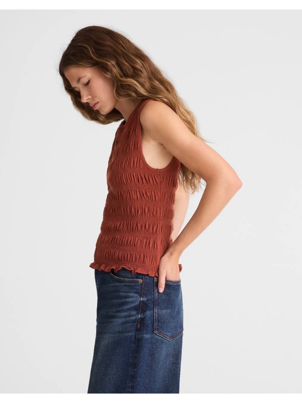 Madewell Smocked Boatneck Tank Top Women’s XS Henna Brown Cotton Linen Blend NWT - Picture 5 of 16
